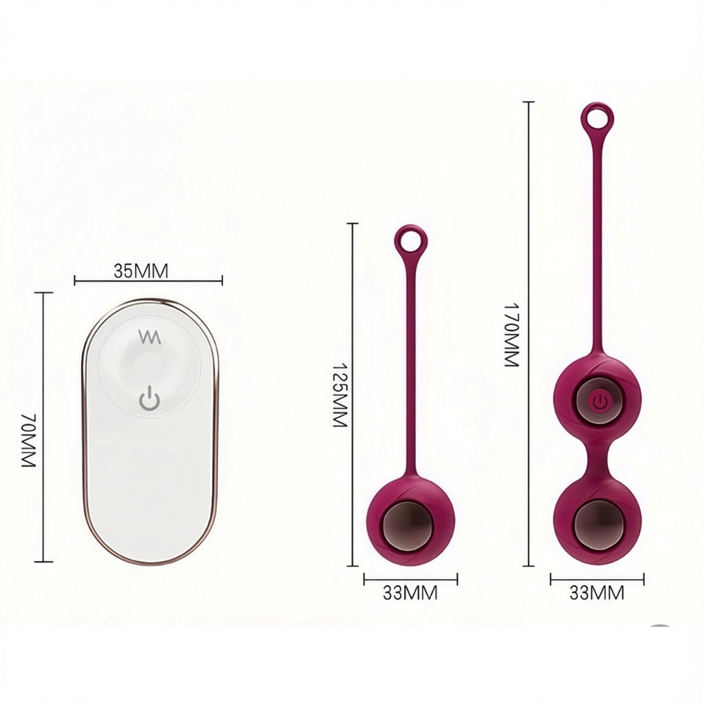 Scale and dimensions visualization of the Perle Kegel Trainer set, showing the actual size of the balls, remote.