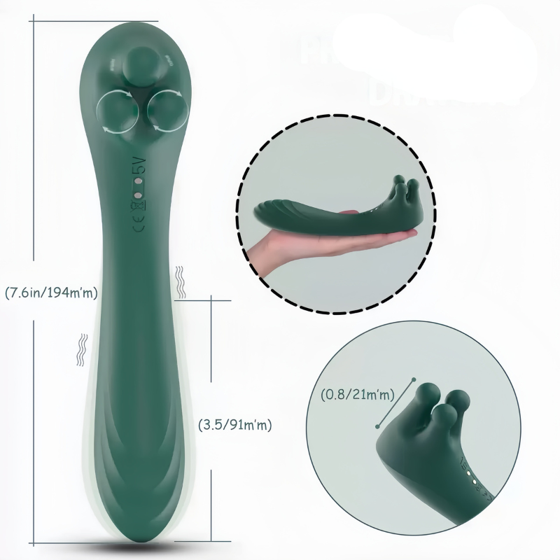 Detailed size chart of the forest green massager, showing precise measurements with an in-hand demonstration for scale and a top-down view of the tip.
