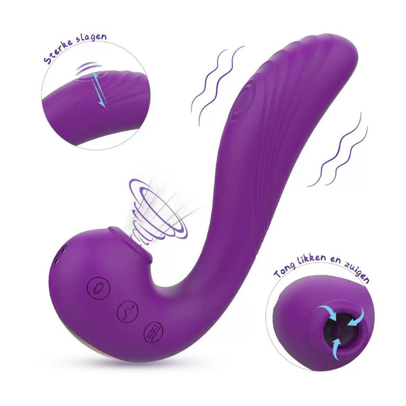 Close-up of the versatile tip and intuitive side button on the purple massager, highlighting its multi-functional licking and vibration capabilities.