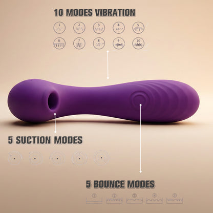 Interface close-up showcasing how to customize your experience with 10 vibrations, 5 bounce patterns, and 5 suction levels to find your perfect rhythm.
