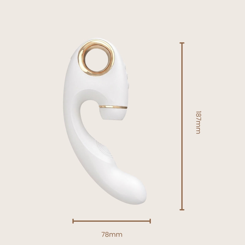 White door handle with gold accents and measurements on a beige background