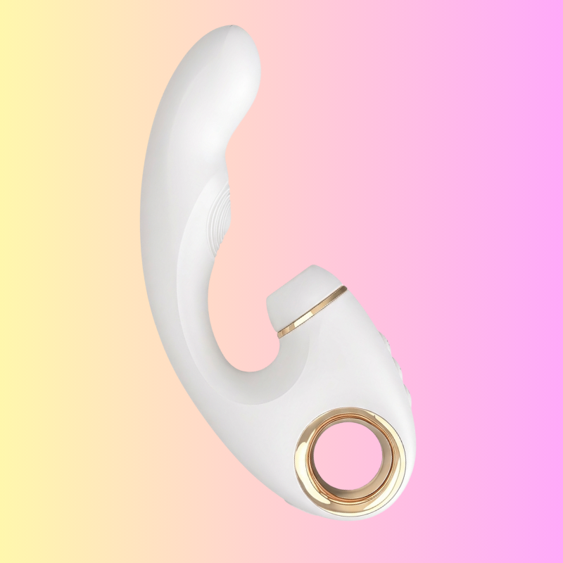 The sleek, white  personal massager with its three core attachments for licking, suction, and vibration