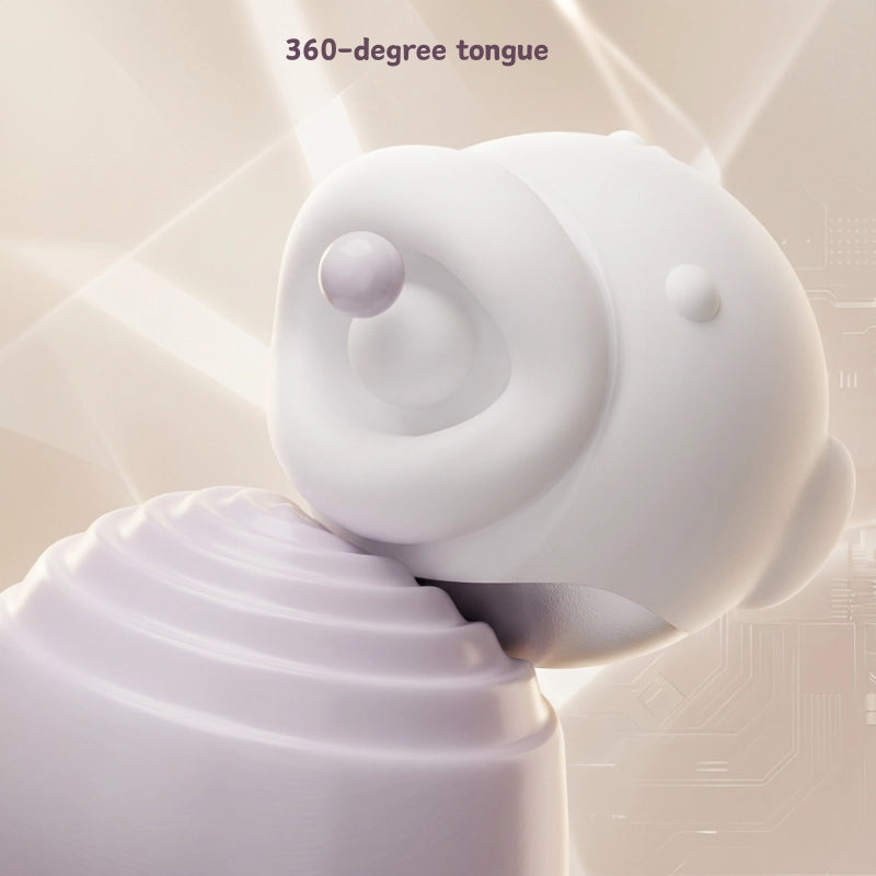 close-up view of the massager’s rotating silicone tongue showing circular licking motion inside soft wide lips