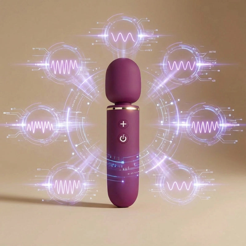 LED interface showing the seven massage patterns and adjustable intensity settings of the personal massager