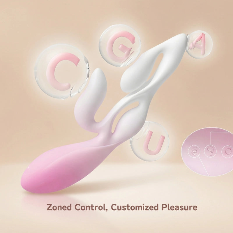 Pink and white device with labeled zones on a beige background