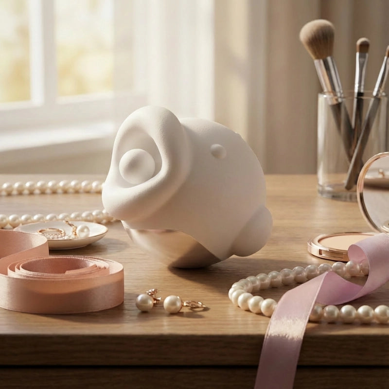 Close-up of the soft, silicone MOMO vibrator placed next to a ring dish and lipstick, showcasing its discreet, decorative design and aesthetic that matches a high-end feminine vanity.