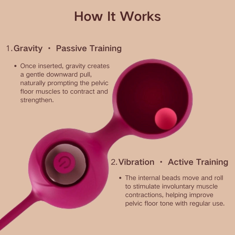 Cross-sectional diagram revealing the internal structure of the Perle 2-in-1 Kegel ball, illustrating how its inner ball moves with gravity to stimulate involuntary vaginal muscle contractions, thereby strengthening and toning the pelvic floor with consistent use for improved muscle control and wellness.
