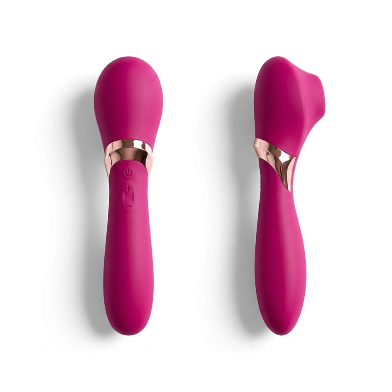 Side-by-side image showing both the front and side views of a burgundy red, dual-action adult toy that combines vibration and suction functions. This multi-angle display highlights the product’s ergonomic curves, sleek finish, and user-oriented design for enhanced pleasure and comfort.