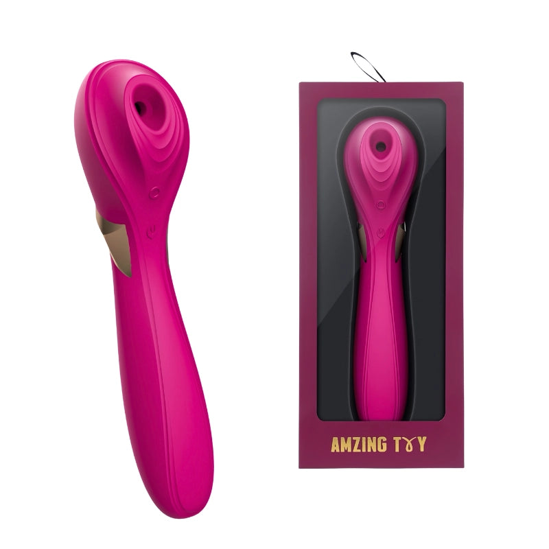 Front view of a burgundy red dual-action adult toy displayed alongside its sleek, minimalist packaging. The image showcases the product’s elegant design and discreet, premium box, emphasizing its appeal as a luxury personal care item suitable for both personal use and gift-giving.