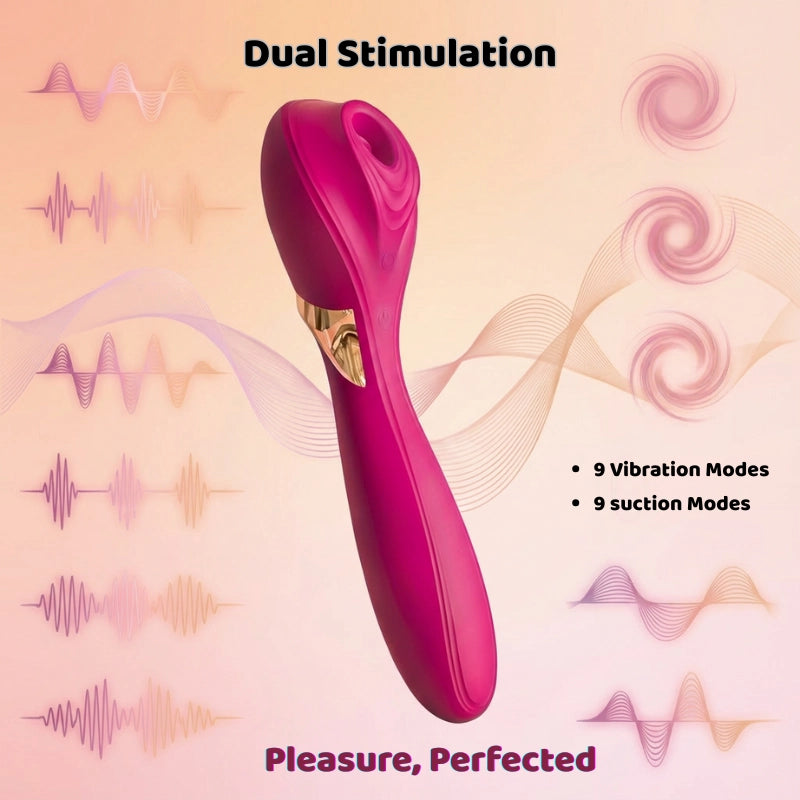 A three-dimensional side view of a burgundy red dual-action adult toy, shown with dynamic frequency lines in the background to illustrate its multiple intensity settings. Overlaid text highlights key features: “Pleasure, Perfected,” “Dual Stimulation,” “9 Vibration Modes,” and “9 Suction Modes.” The image showcases the toy’s sleek, ergonomic shape while visually communicating its versatile and customizable pleasure technology.