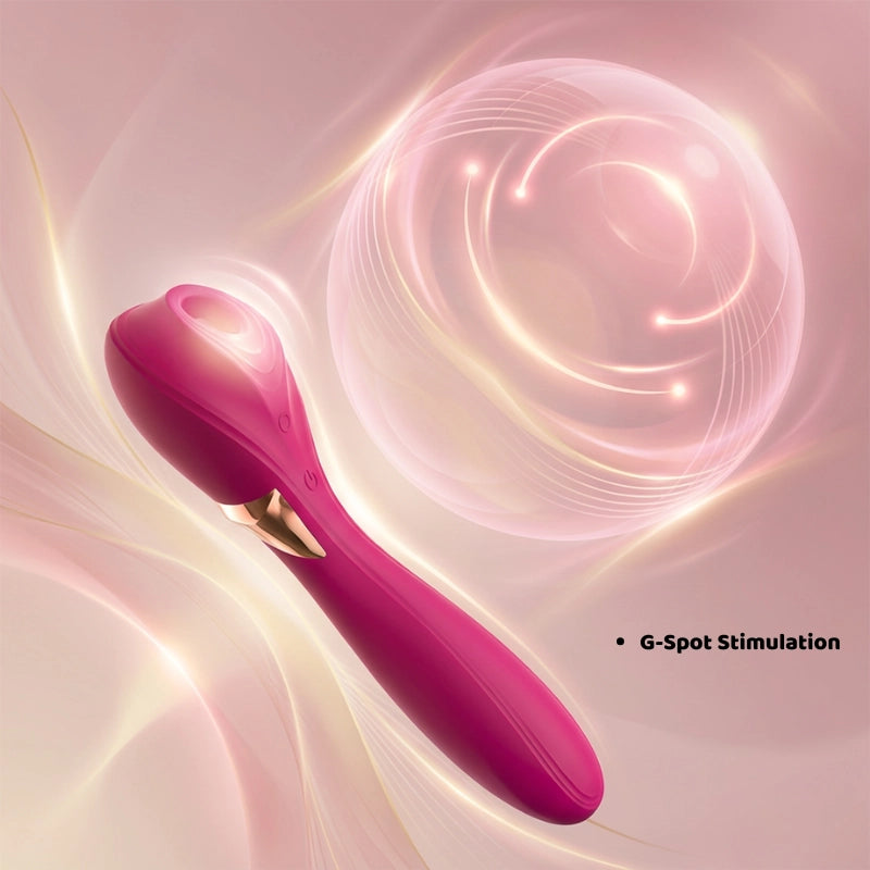 A side-profile shot of a burgundy red dual-action adult toy, surrounded by glowing, dynamic light lines that emphasize its ergonomic contours and advanced technology. This visually striking presentation highlights how the toy's shape is designed for comfort and targeted G-spot, combining vibration and suction functions for a personalized intimate experience.