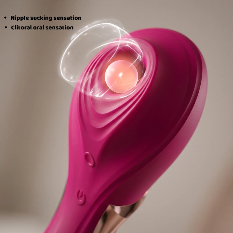 A close-up, detailed view of the versatile suction tip on a burgundy red dual-action adult toy. The image highlights the precision-engineered opening designed for targeted stimulation. Overlay text, “Nipple sucking sensation, Clitoral oral sensation,” describes the product's dual-purpose technology, emphasizing its ability to deliver versatile, lifelike oral-like sensations through adjustable suction patterns.