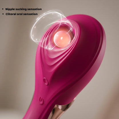 A close-up, detailed view of the versatile suction tip on a burgundy red dual-action adult toy. The image highlights the precision-engineered opening designed for targeted stimulation. Overlay text, “Nipple sucking sensation, Clitoral oral sensation,” describes the product's dual-purpose technology, emphasizing its ability to deliver versatile, lifelike oral-like sensations through adjustable suction patterns.
