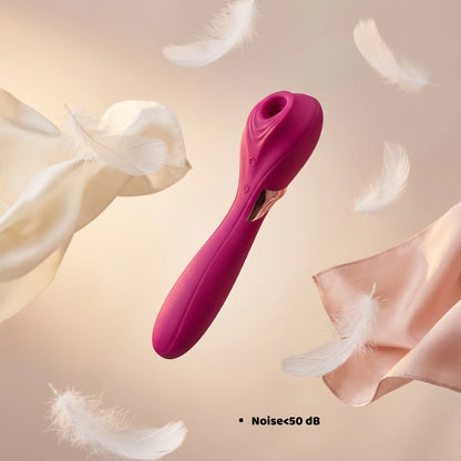A 3D front view of a burgundy red dual-action adult toy, set against a soft backdrop of silk fabric and feathers to evoke a sense of quiet luxury and discretion. Overlaid text “Noise<50 dB” highlights the toy’s whisper-quiet operation, emphasizing its design for private, undisturbed use while combining powerful vibration and suction stimulation.