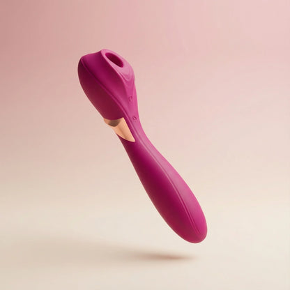 A 3D rendered image of a burgundy red adult toy featuring combined vibration and sucking functions, shown from a front-side perspective to highlight its ergonomic design, sleek color, and dual-action capabilities for enhanced pleasure.