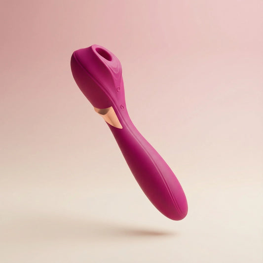 A 3D rendered image of a burgundy red adult toy featuring combined vibration and sucking functions, shown from a front-side perspective to highlight its ergonomic design, sleek color, and dual-action capabilities for enhanced pleasure.