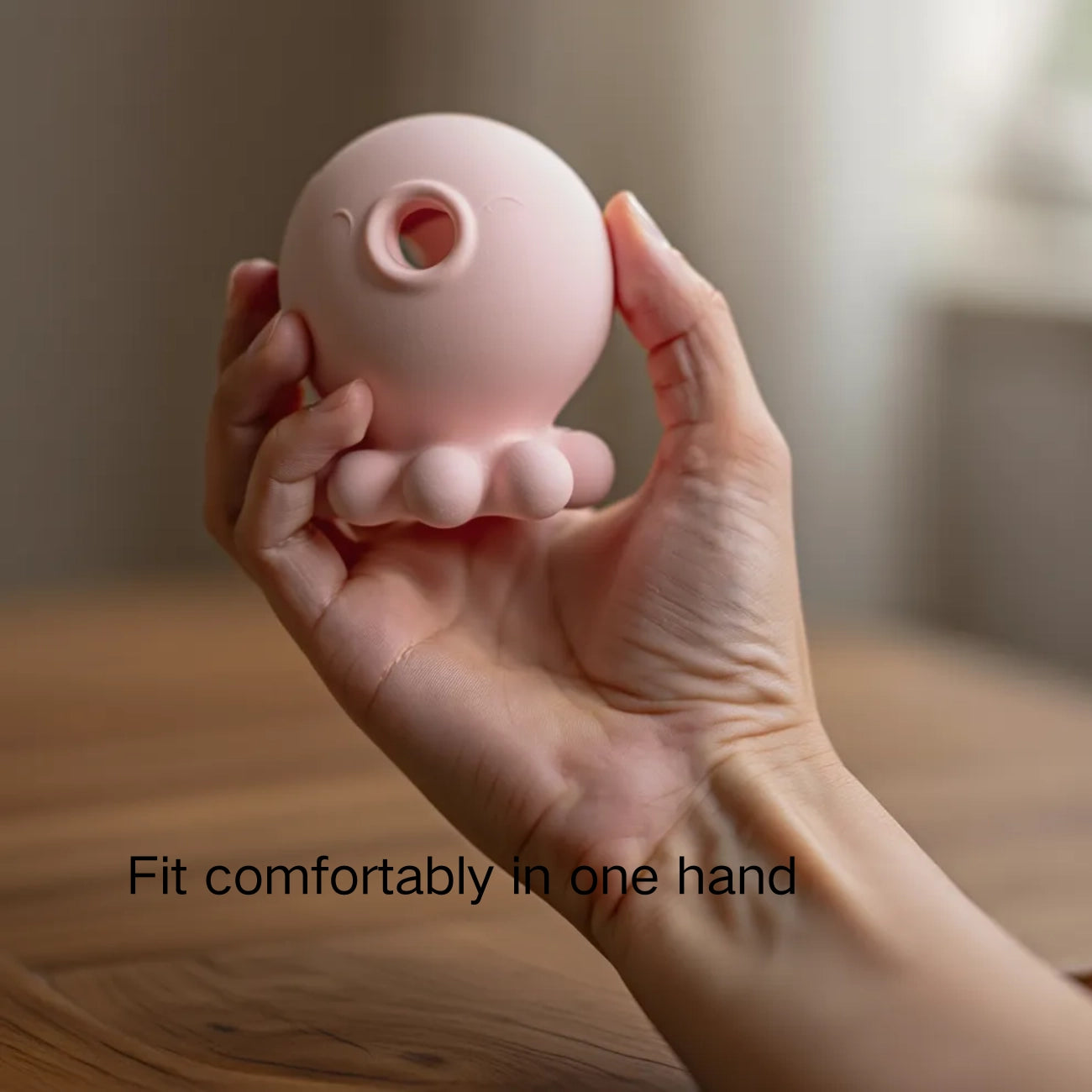Pink octopus suction & vibration toy on tabletop with female hand inserting charging cable (connector not shown), premium personal massager for self-pleasure and wellness.