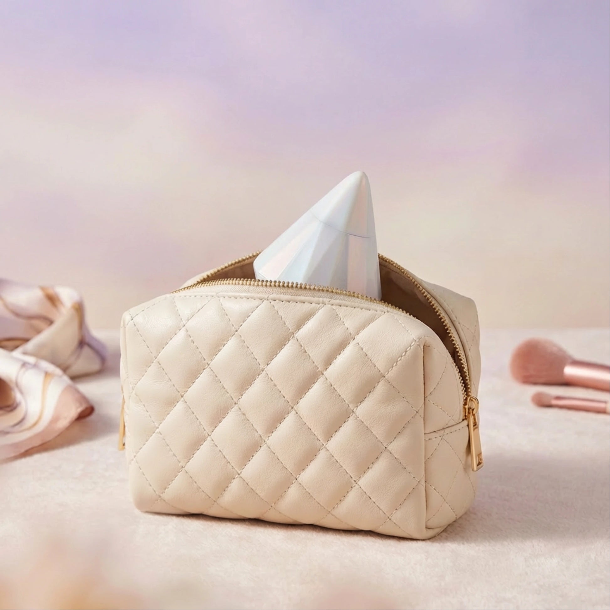 The pearl-white diamond-shaped wellness device nestled inside a small, high-quality makeup pouch against a soft beige background. The image emphasizes its discreet portability and elegant design, showing how it blends seamlessly into a personal care routine