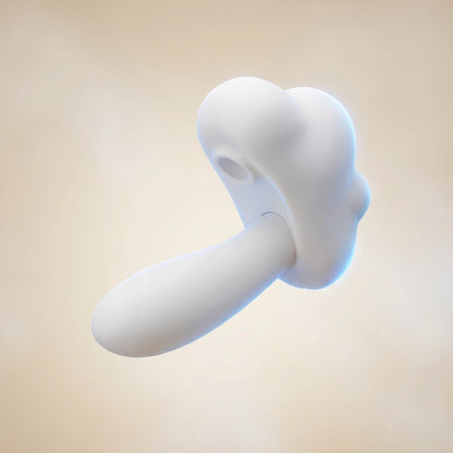 A dual-function adult toy with a mushroom and cloud-inspired shape, combining vibration and suction technology, shown from a side angle to highlight its ergonomic and discreet design.