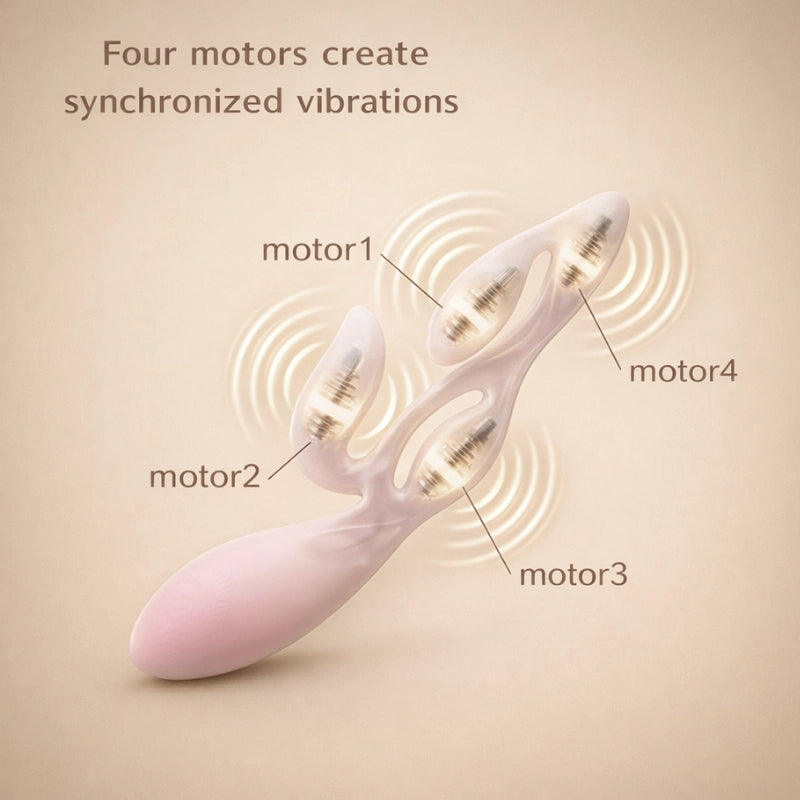 Abstract violet ripple waves illustrating the four-motor synchronized vibration technology of the women’s wellness device
