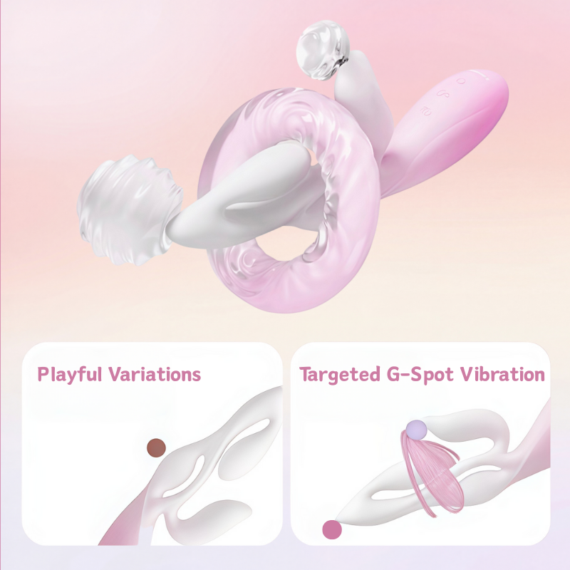 Diagram illustrating the versatile functionality of the product， showing multiple vibration patterns and independent motor control for customized pleasure.