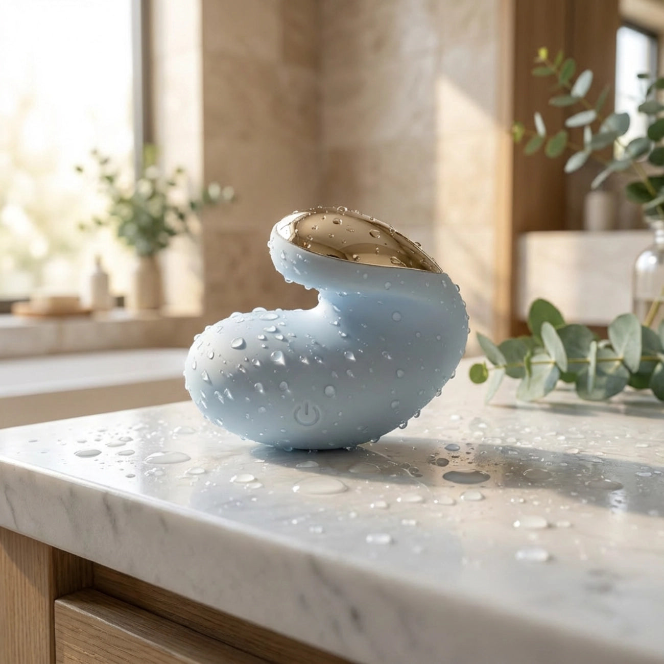 The device on white marble with water droplets to demonstrate its waterproof, easy-clean design