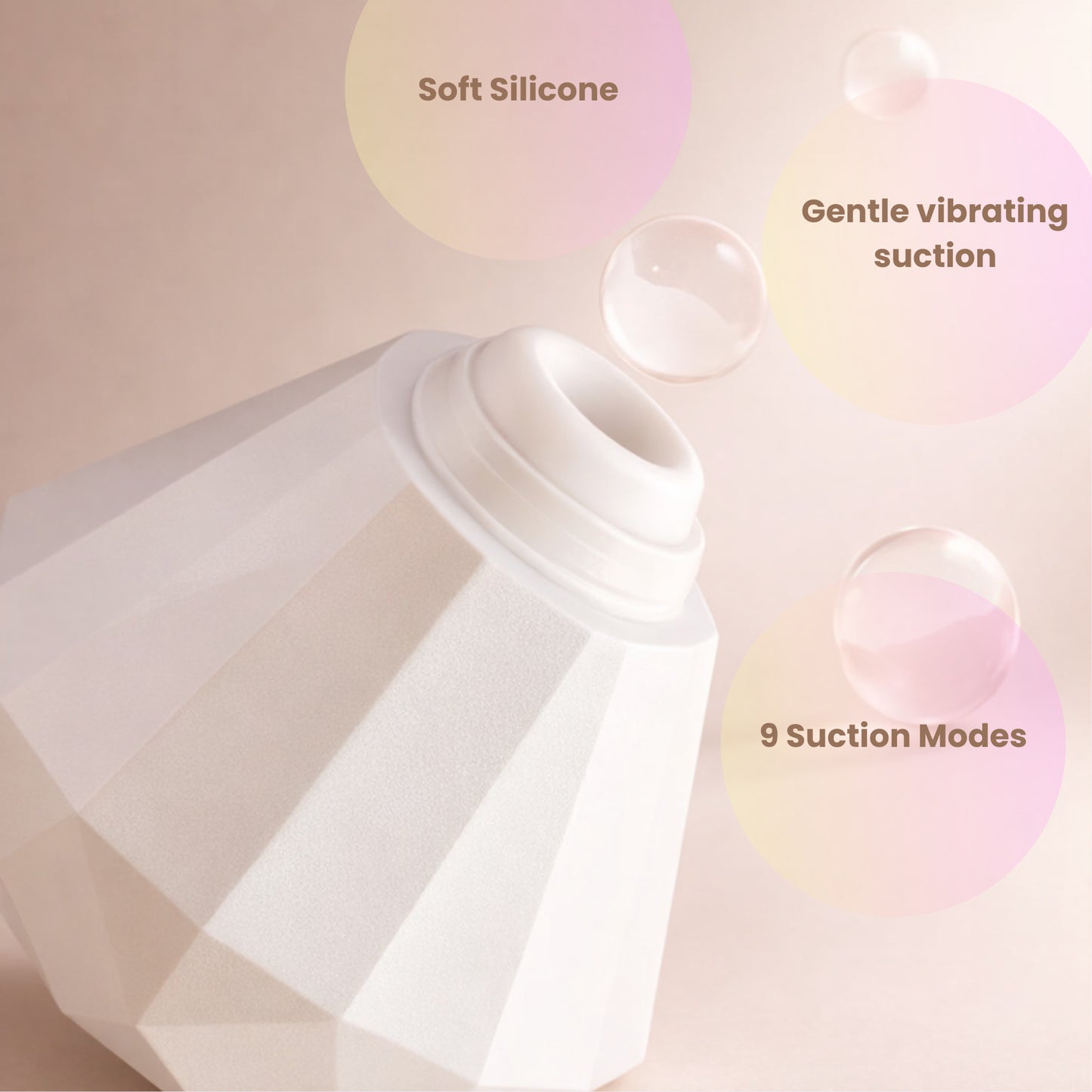 Clean infographic showing the diamond-shaped wellness device with callouts highlighting its soft silicone,perfect embrace and Micro-vibration suction
