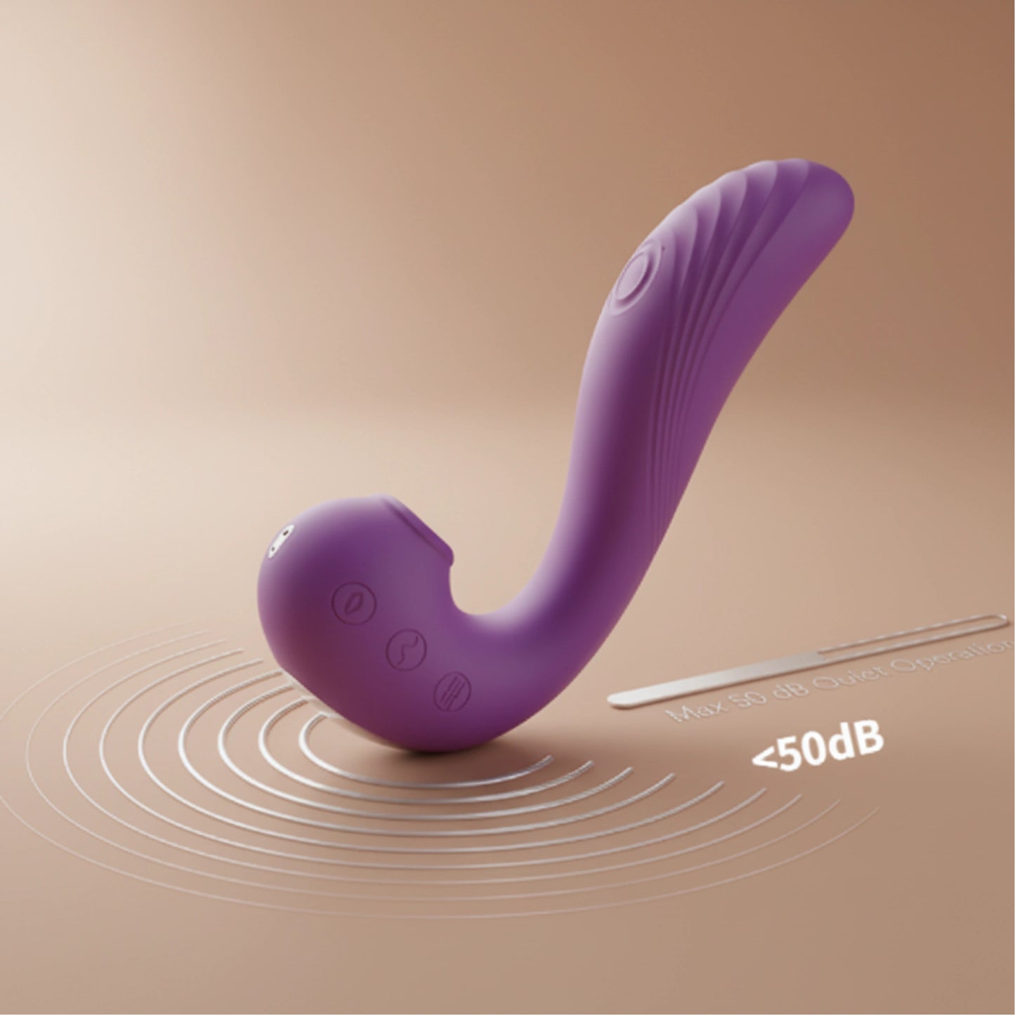 Visualization of the Wings purple wellness device with subtle micro soundwaves and a quiet 50 dB noise label, displayed on a deep violet soft-focus background representing quiet operation.
