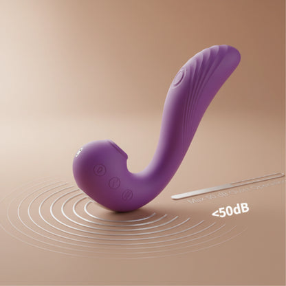 Visualization of the Wings purple wellness device with subtle micro soundwaves and a quiet 50 dB noise label, displayed on a deep violet soft-focus background representing quiet operation.

