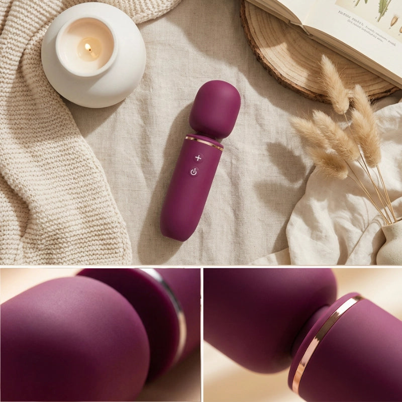 Close-up of the soft flexible massager head showing its microphone-style shape built for broad contact and soothing vibration.