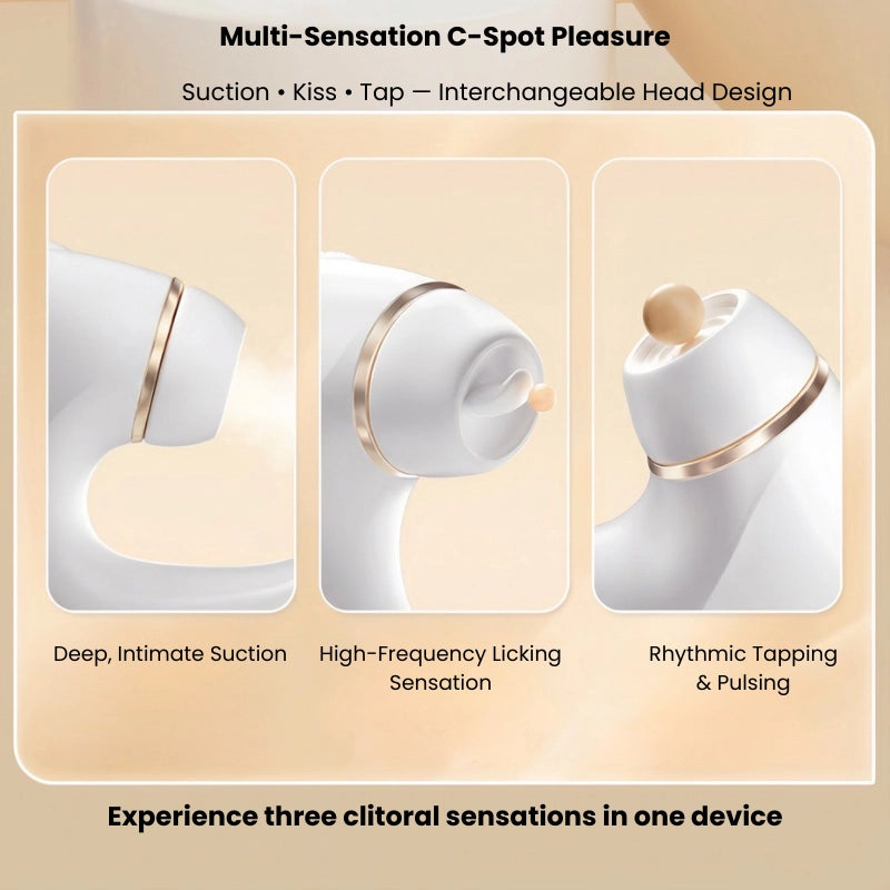 Product packaging with interchangeable head design for multi-sensation pleasure device on a beige background.