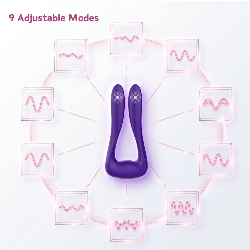 Infographic-style image displaying 9 vibration modes with waveform icons and soft neon accents around the device.