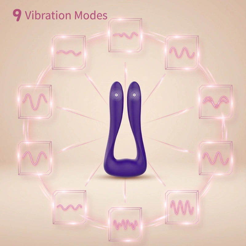 Infographic-style image displaying 9 vibration modes with waveform icons and soft neon accents around the device.

