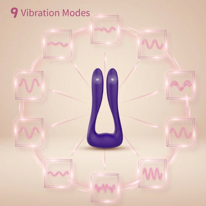 Infographic-style image displaying 9 vibration modes with waveform icons and soft neon accents around the device.

