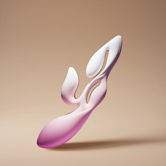 High-quality product image of a pink-white gradient women’s wellness device floating on a purple gradient background, showing its sleek ergonomic design