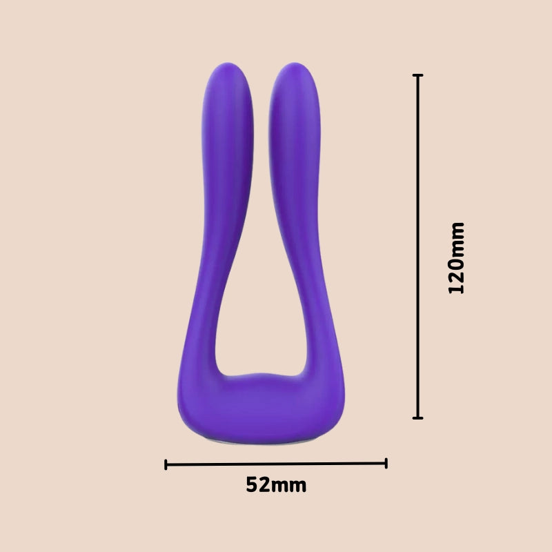Purple U-shaped object with measurements on a beige background