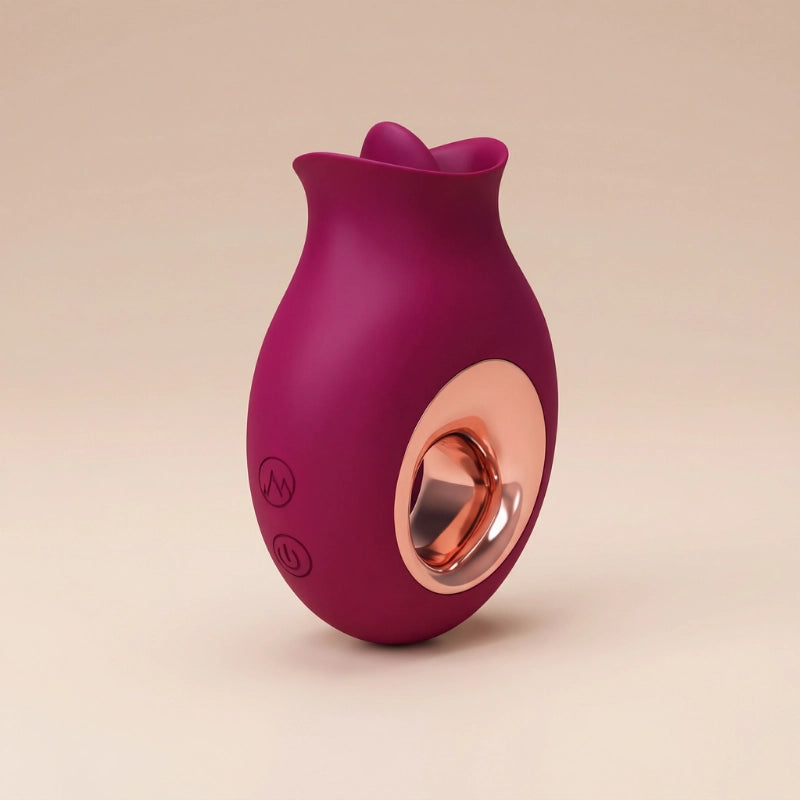 Purple and rose gold device on a beige background