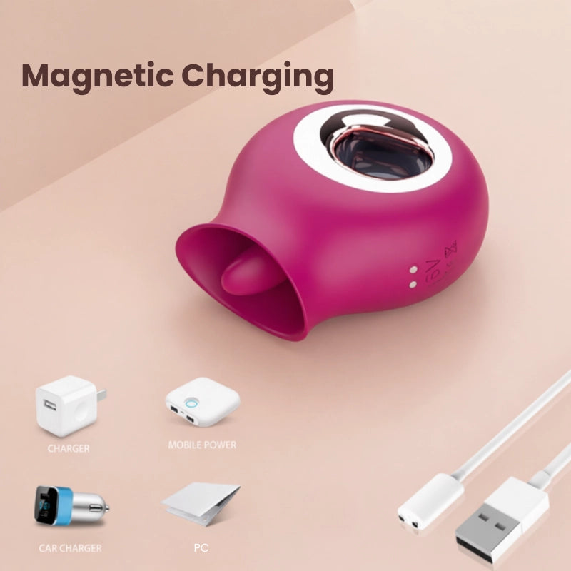 Burgundy magnetic charging device with accessories on a beige background