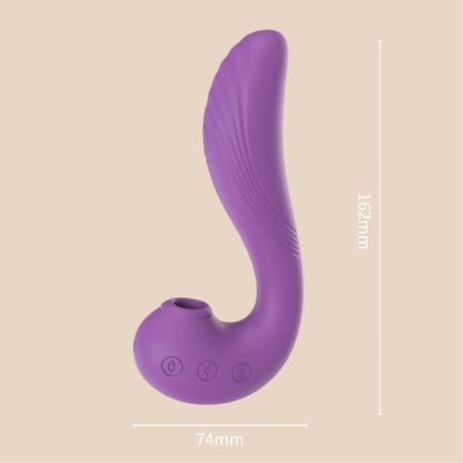 Purple silicone butt plug with measurement details on a beige background