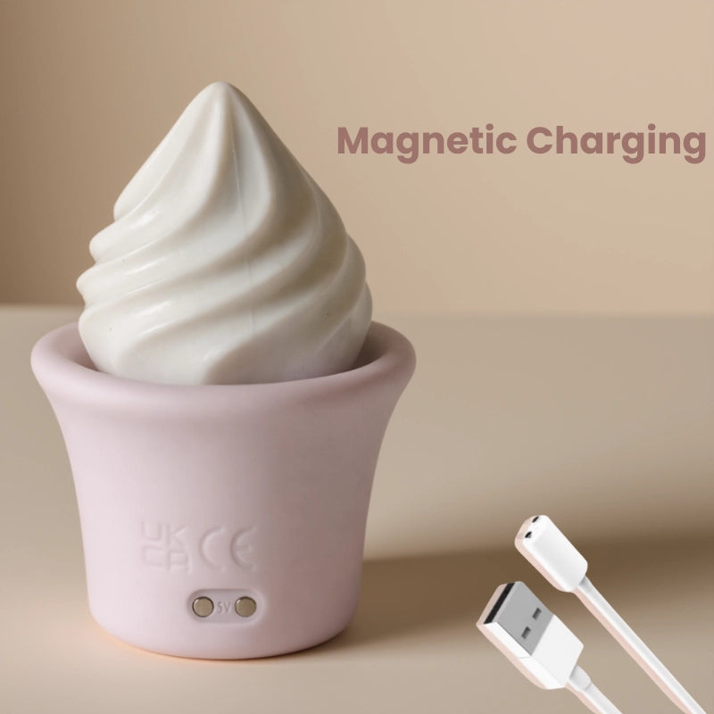 Ice cream-shaped night light with a USB cable on a beige background