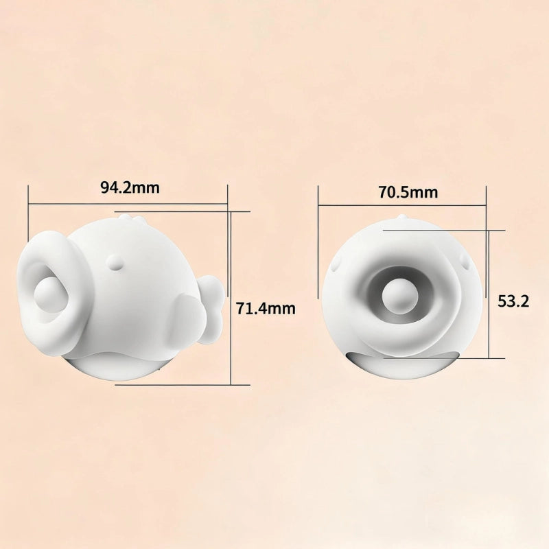 Technical drawing illustrating the KissyFish™'s compact, palm-sized dimensions 94.2mm L x 70.5mm W x71.4mm H), demonstrating its discreet size and easy-to-hold form factor for effortless, controlled pleasure.