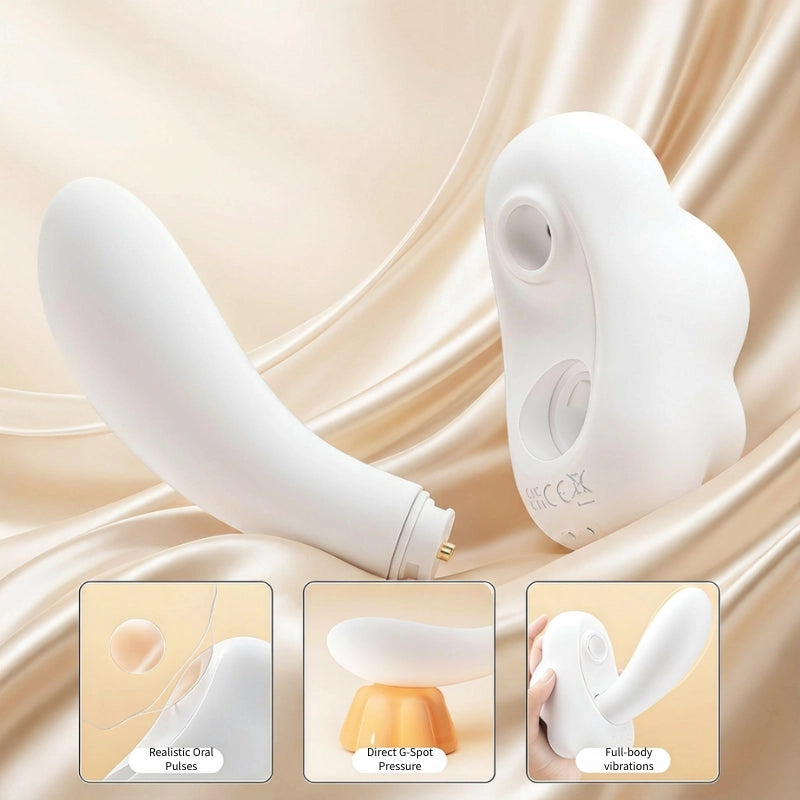Detail shot of the detached mushroom toy components, showcasing its trio of sensations: full-body vibrations from the motor, realistic oral pulses from the suction cup, and direct G-spot pressure from the curved shaft.