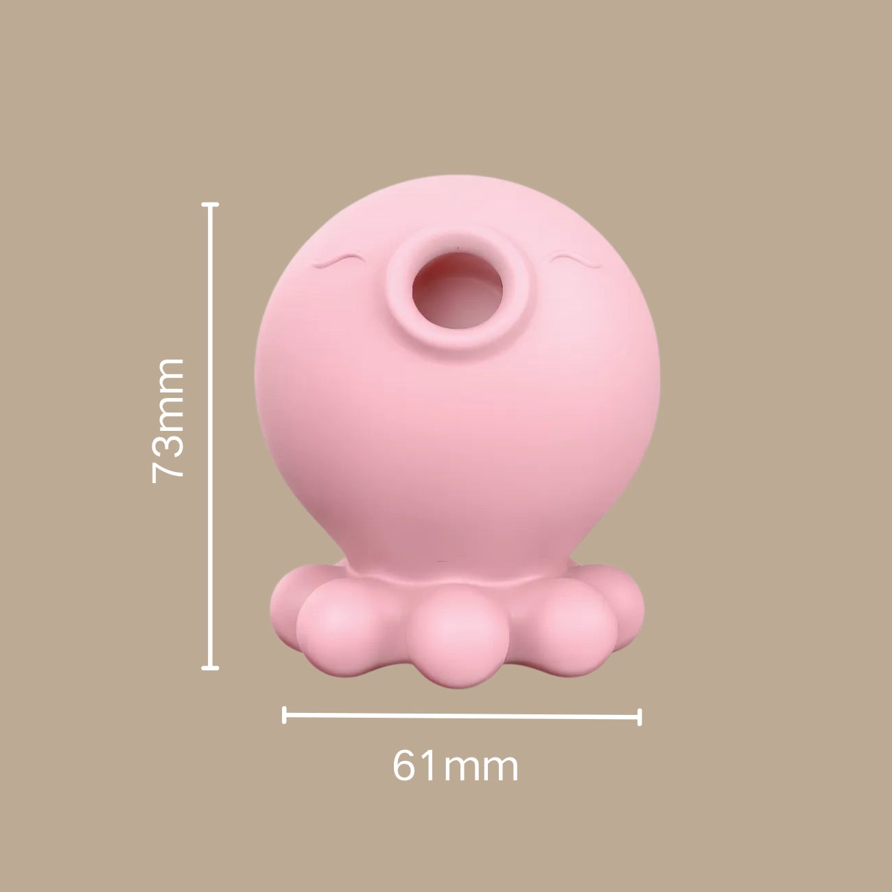 Pink silicone product with dimensions on a beige background