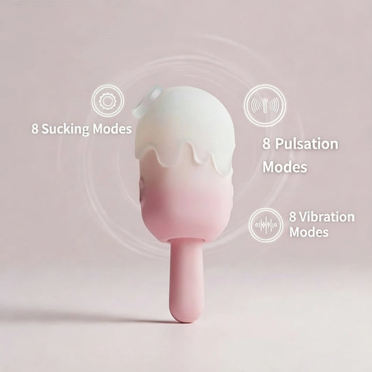 A realistic pink and white ombre ice cream-shaped adult toy, featuring 3-in-1 with 8 sucking modes, 8 vibration modes, and 8 pulsation modes.