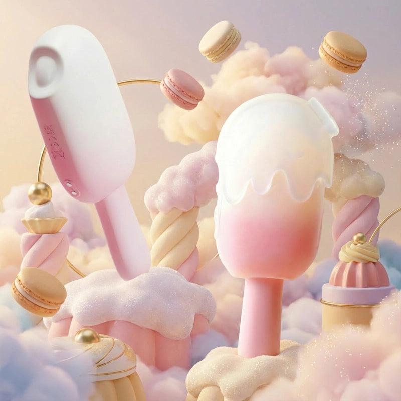 Side view of the ice cream pleasure toy with its suction tip cover removed, revealing the soft, body-safe silicone construction and easy-to-clean design. A pink ombre ice cream-shaped adult toy nestled among real macarons and cotton candy on a dessert table, showcasing its perfectly discreet novelty design.