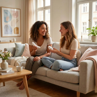 Social scene: two friends sitting on a sofa, happily examining and discussing a beige, mushroom-cloud-shaped dual stimulator (a detachable clitoral suction toy and vibrator) together.