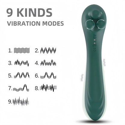 Front view of the forest green massager showcasing its 9 powerful and versatile vibration modes for a personalized experience.