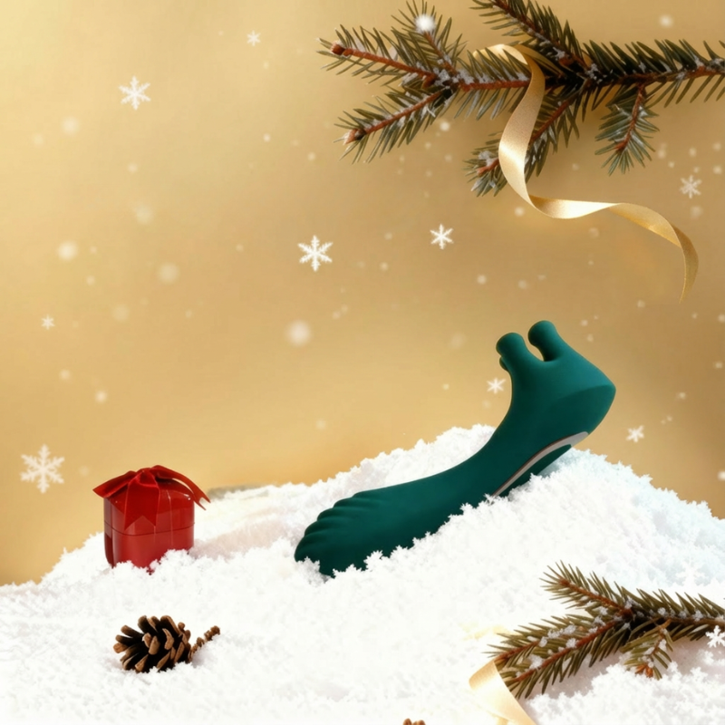 Forest green massager on a snowy surface, showcasing its textured base for G-spot stimulation and claw for external massage.