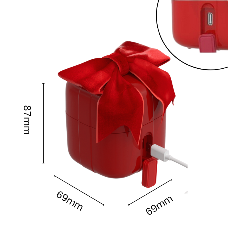 Size chart and close-up of the gift box stimulator, showcasing the convenient Type-C charging port for fast and easy powering.