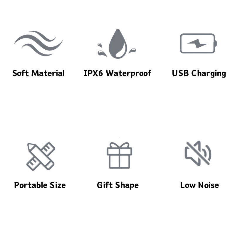 Key features of the gift box stimulator: body-safe soft silicone, IPX6 waterproof rating, convenient USB charging, portable and discreet size, authentic gift shape design, and quiet operation.